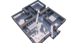 A 3D floor plan of a hotel room with a bathroom, a dining area with a table and chairs, a bed, and a small seating area. - 5 bedroom accommodation in Arrochar (Arrochar)