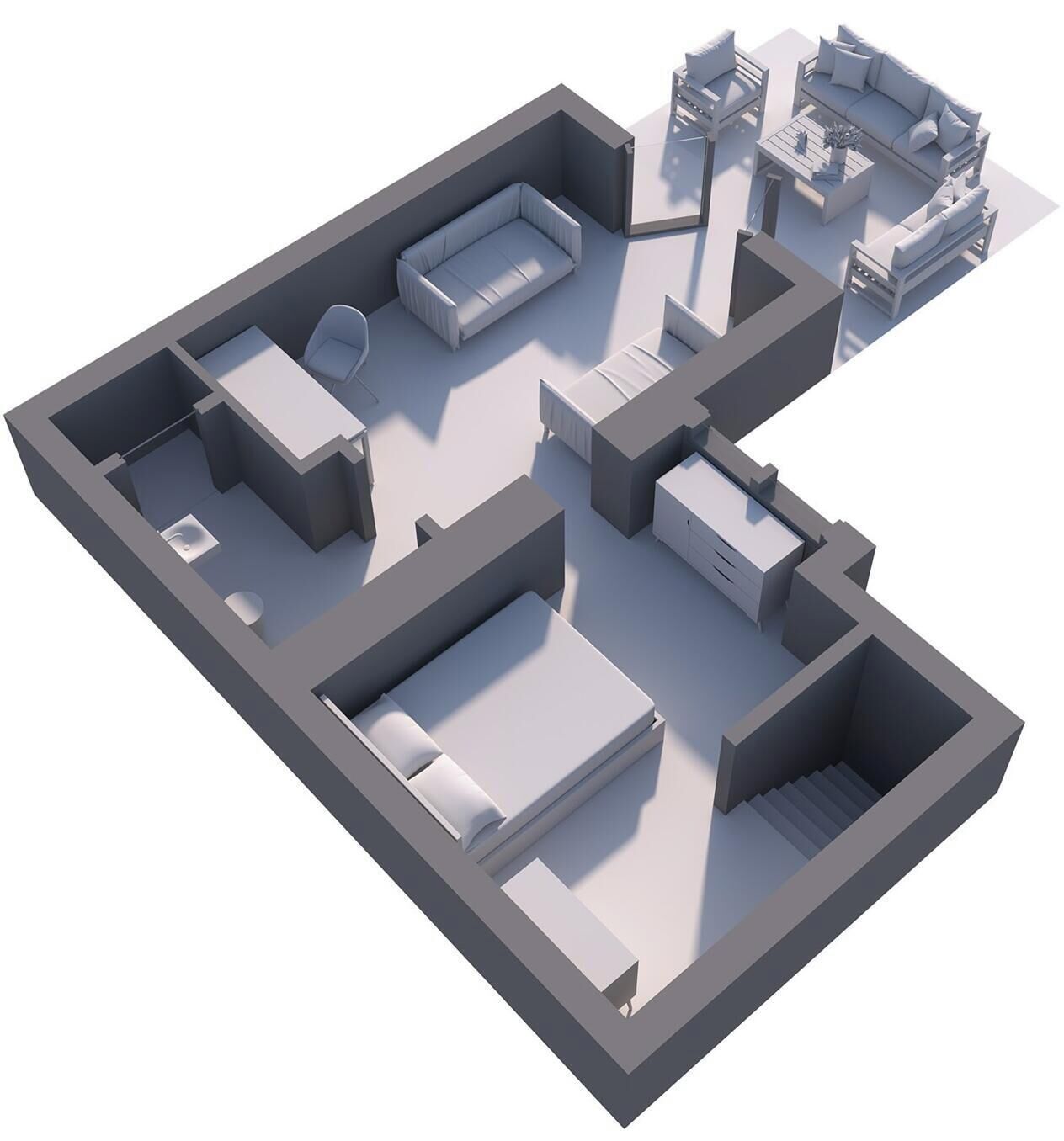 A 3D model of a hotel room layout with a bed, a desk, a chair, a sofa, and a small table.