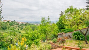 A lush garden with a brick pathway, a metal fence, and a view of distant buildings.