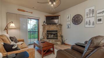 Smart TV, chimenea, reproductor de DVD y videoteca