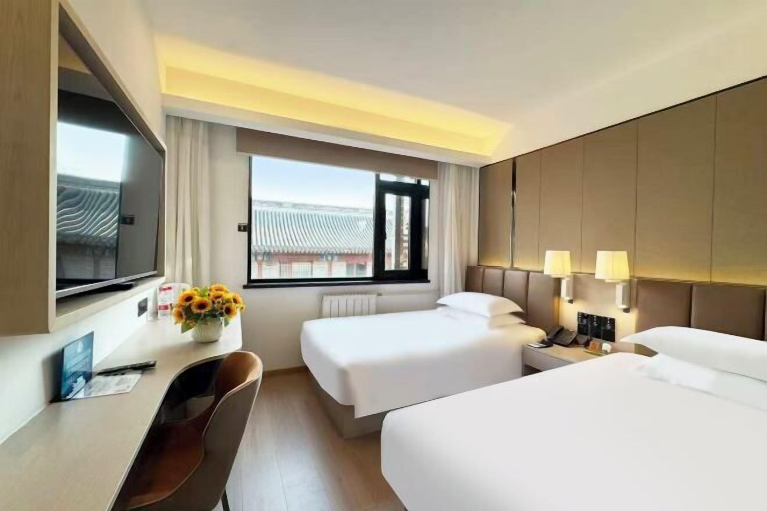 Desk, laptop workspace, blackout curtains, iron/ironing board