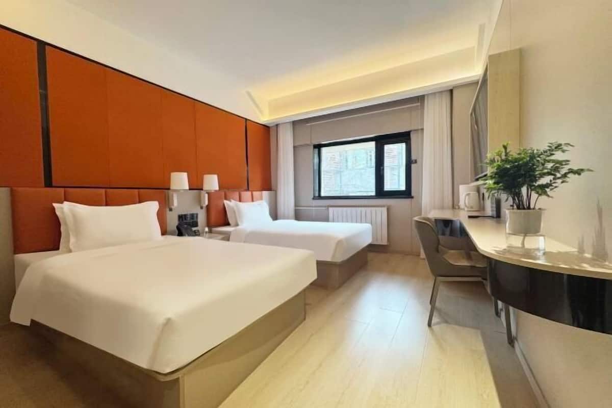 Desk, laptop workspace, blackout curtains, iron/ironing board