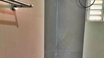 Hair dryer, towels, soap, shampoo