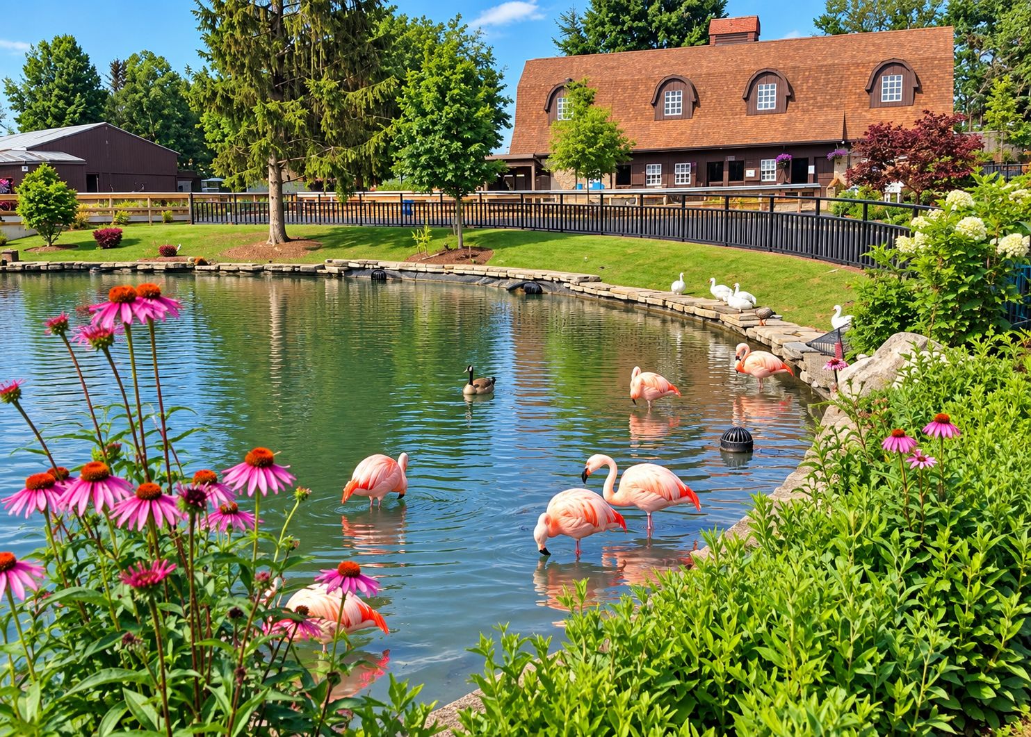 A pond with flamingos and ducks, surrounded by greenery and a brick building.