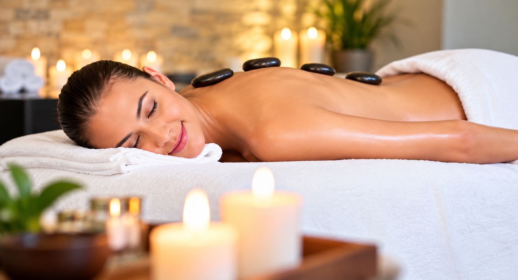 A person receiving a hot stone massage with candles and a plant in the background.