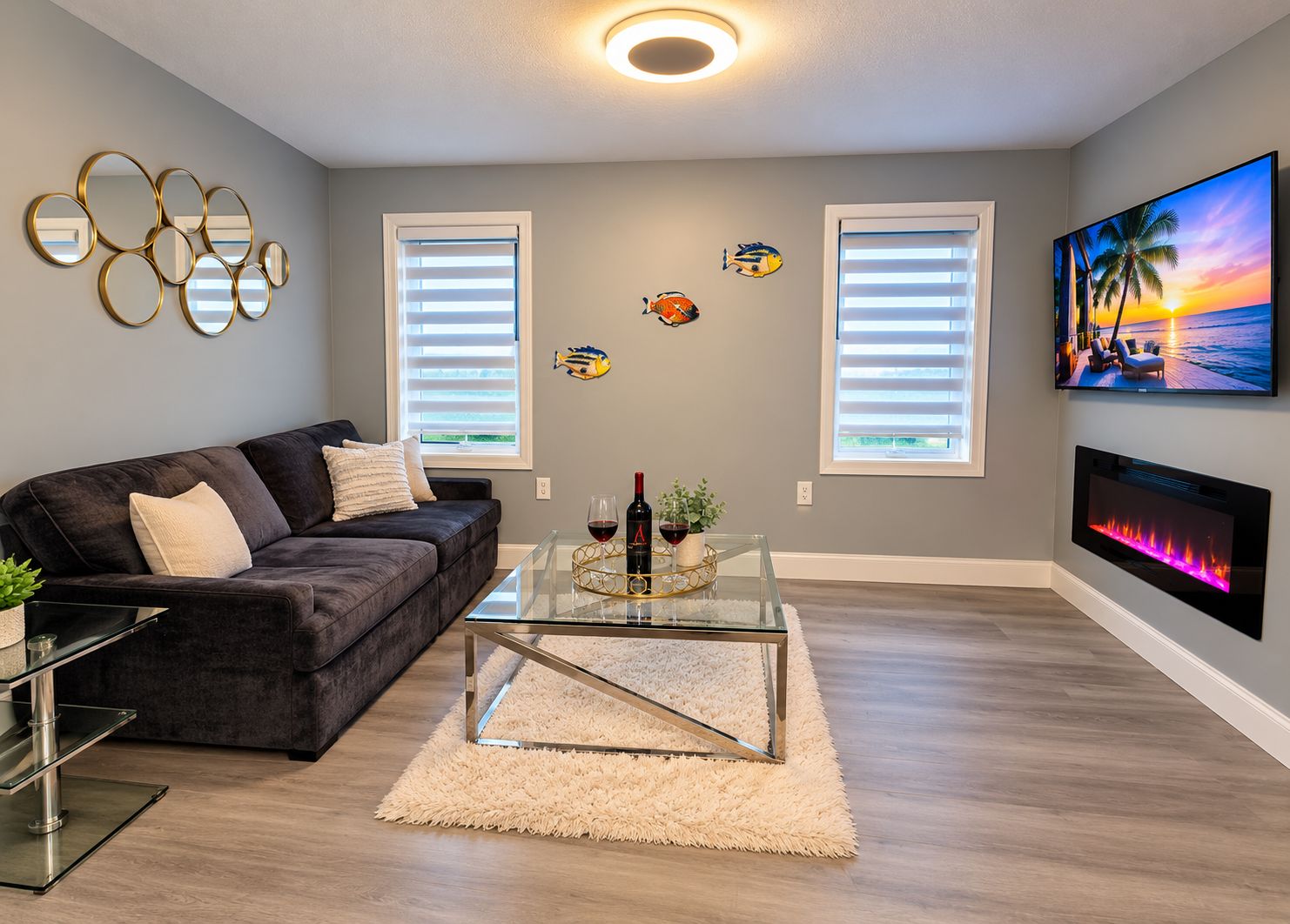 A living room with a dark-colored sofa, a glass coffee table, a fireplace, wall-mounted mirrors, and a large TV screen.