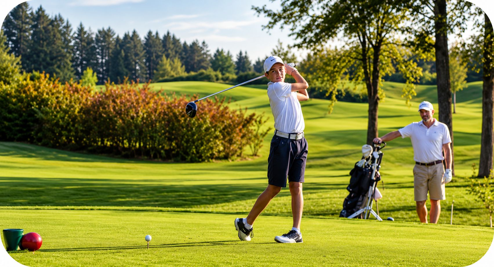 Een golfbaan met een golfer in zwaai, een andere persoon met een golfbag, en golfballen op het gras.