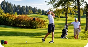 Golfkenttä, jossa näkyy pelaaja lyömässä palloa, toinen henkilö kävelemässä golfbägin kanssa ja golfpalloja ruohikolla.