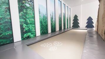 A hallway with large windows, a tatami mat floor, and a wall with a forest mural.