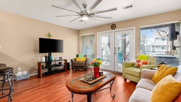 TV, DVD player, books, stereo