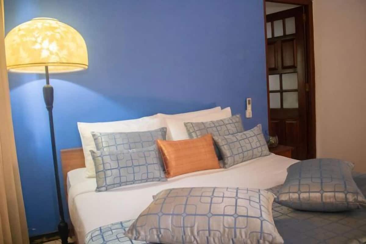 A bed with patterned pillows, a lamp, and a wooden door in the background.
