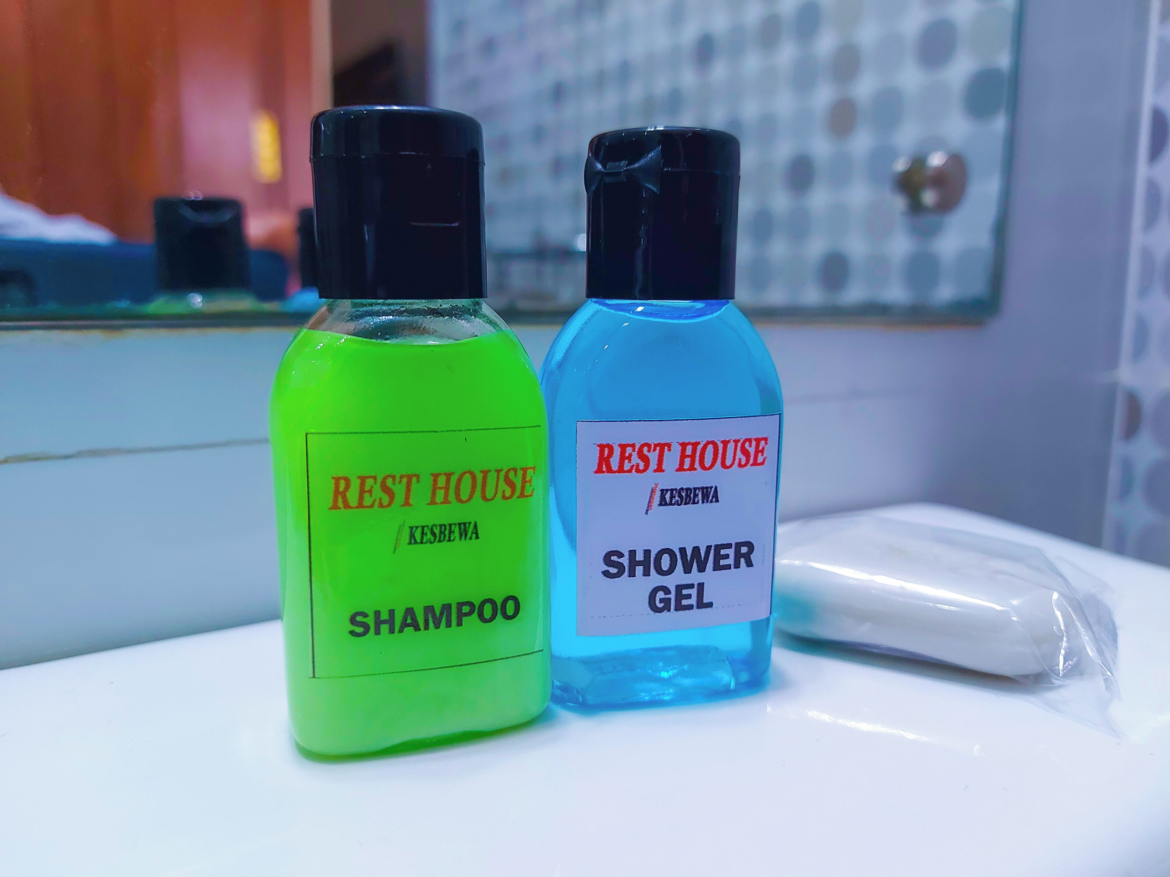 Two bottles of Rest House products, one green labeled 'Shampoo' and one blue labeled 'Shower Gel', on a bathroom counter.