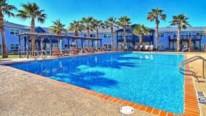 Piscina con sillas de descanso y palmeras, rodeada de edificios de hotel.