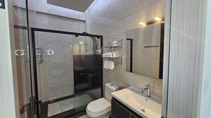 Hair dryer, towels, toilet paper