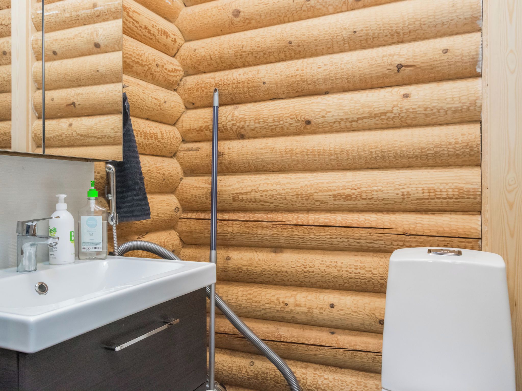 Een badkamer met een wand van houten boomstammen, een wastafel met spiegel en een wit toilet.