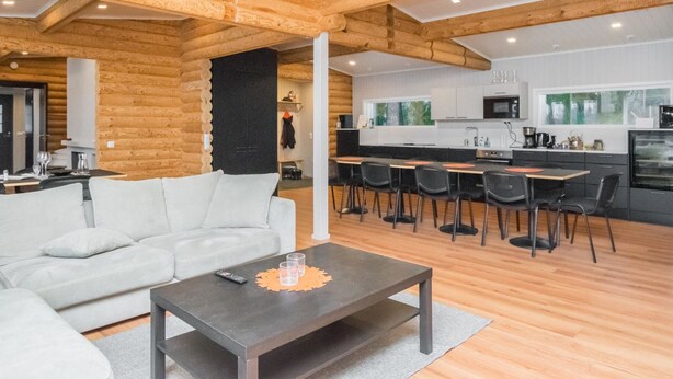 Een modern ingerichte blokhut met woonkamer, eetgedeelte en keuken.
