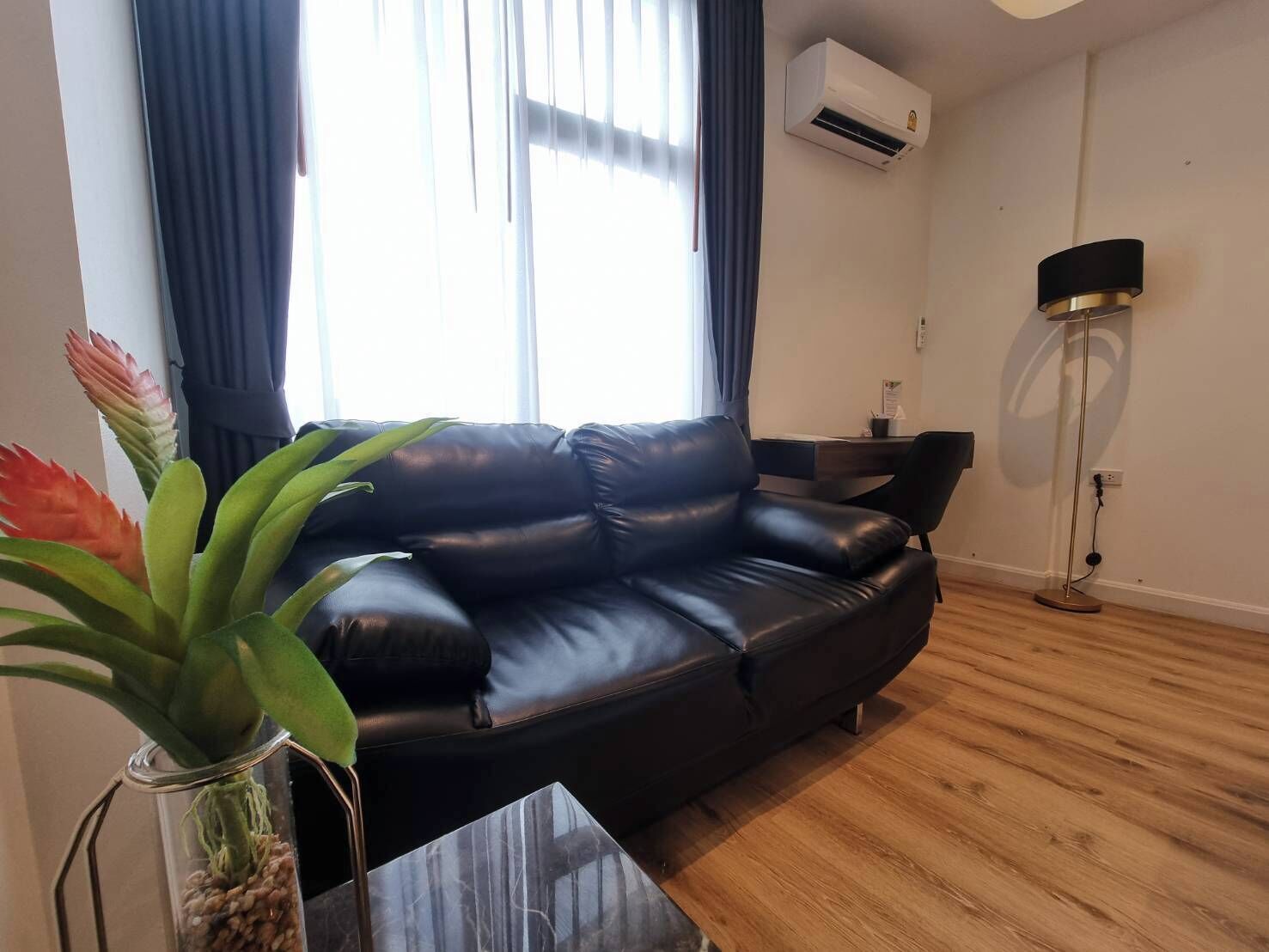A living room with a black leather sofa, a glass coffee table, a floor lamp, and a potted plant.