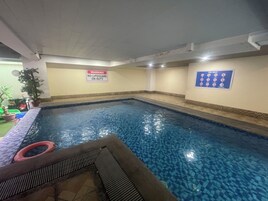 Indoor pool, open 9:00 AM to 5:00 PM, lifeguards on site