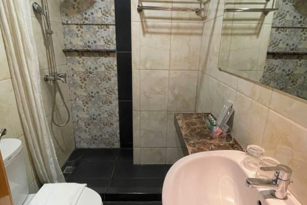 A bathroom with a shower, toilet, sink, and a mirror.
