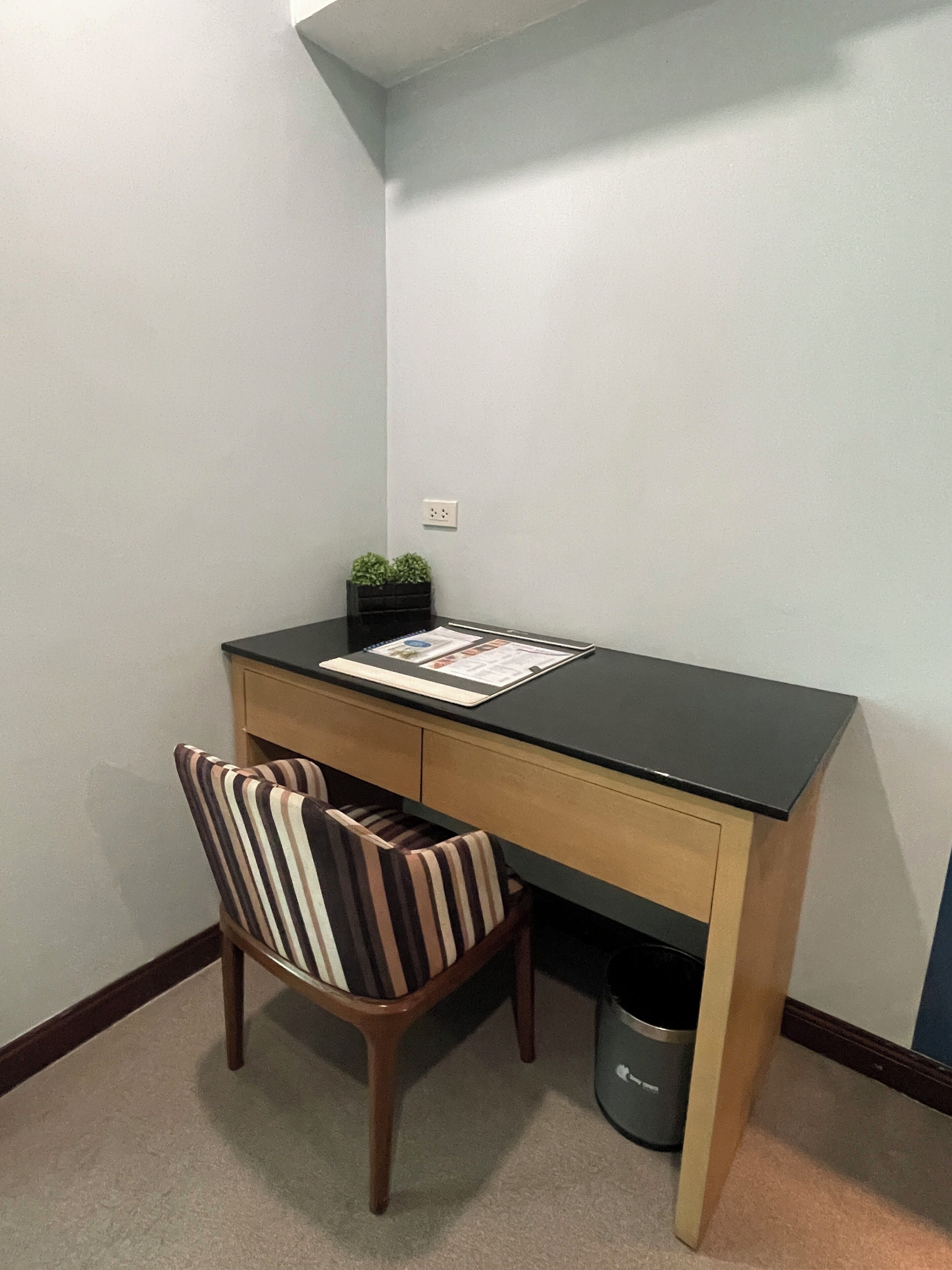 Un espacio de estudio pequeño y ordenado, con un escritorio, una silla y una planta pequeña.