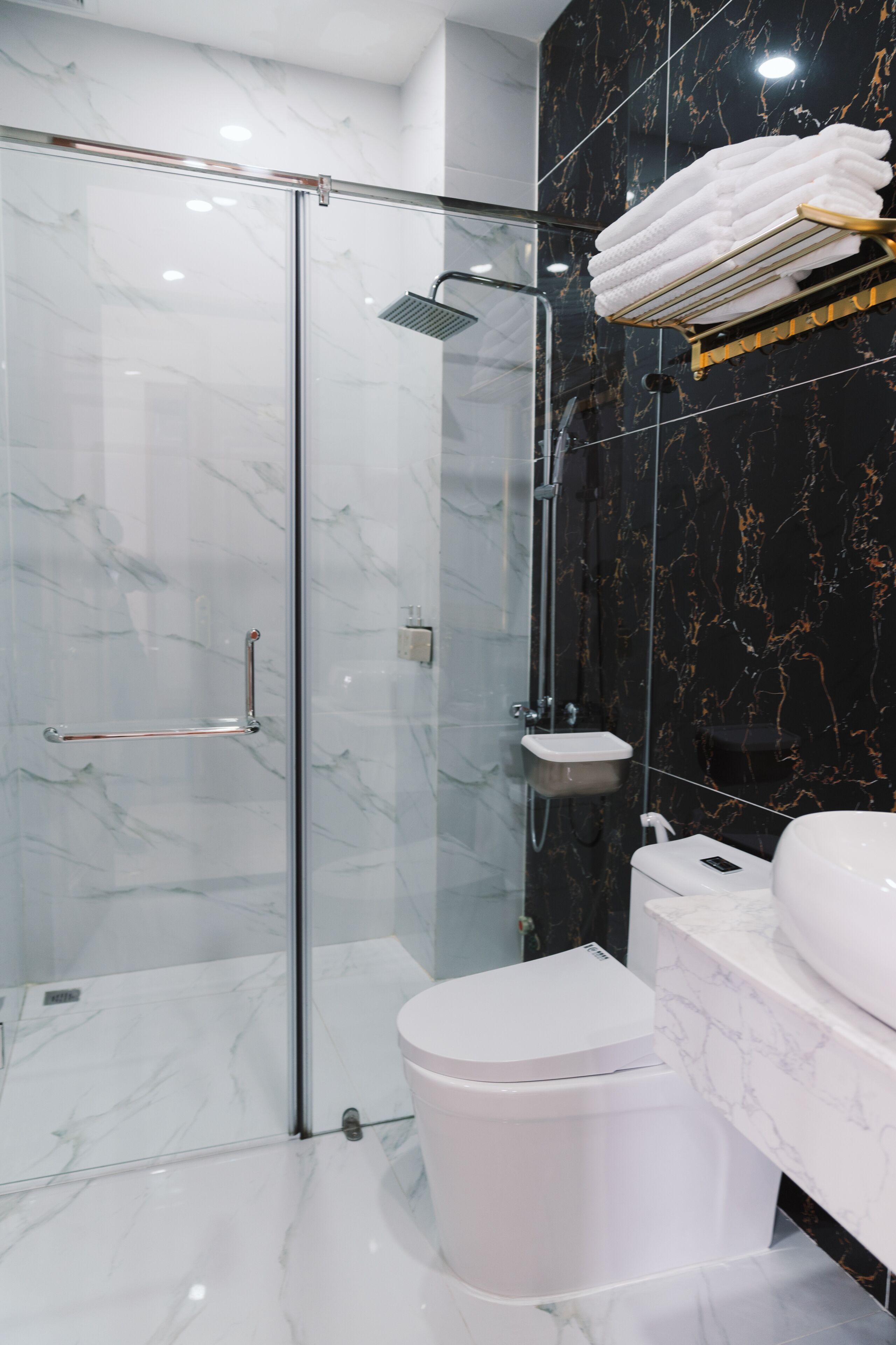 Shower, hydromassage showerhead, designer toiletries, hair dryer