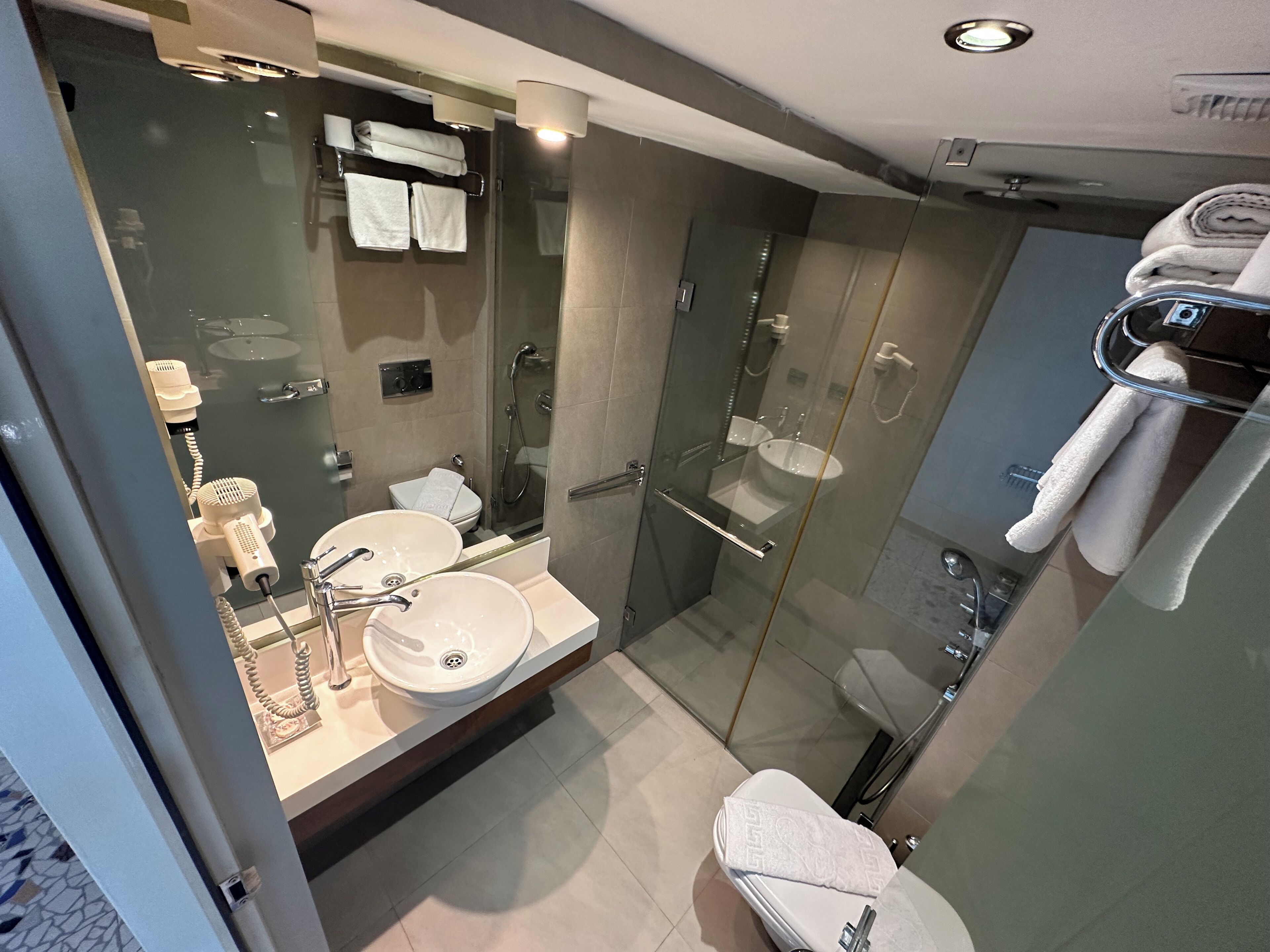 A modern bathroom with a glass-enclosed shower, two sinks, and a toilet.