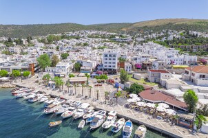 Un pueblo costero con un puerto deportivo, edificios blancos y una colina al fondo.
