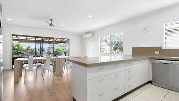 A modern kitchen with a central island, white cabinetry, and a built-in dishwasher.