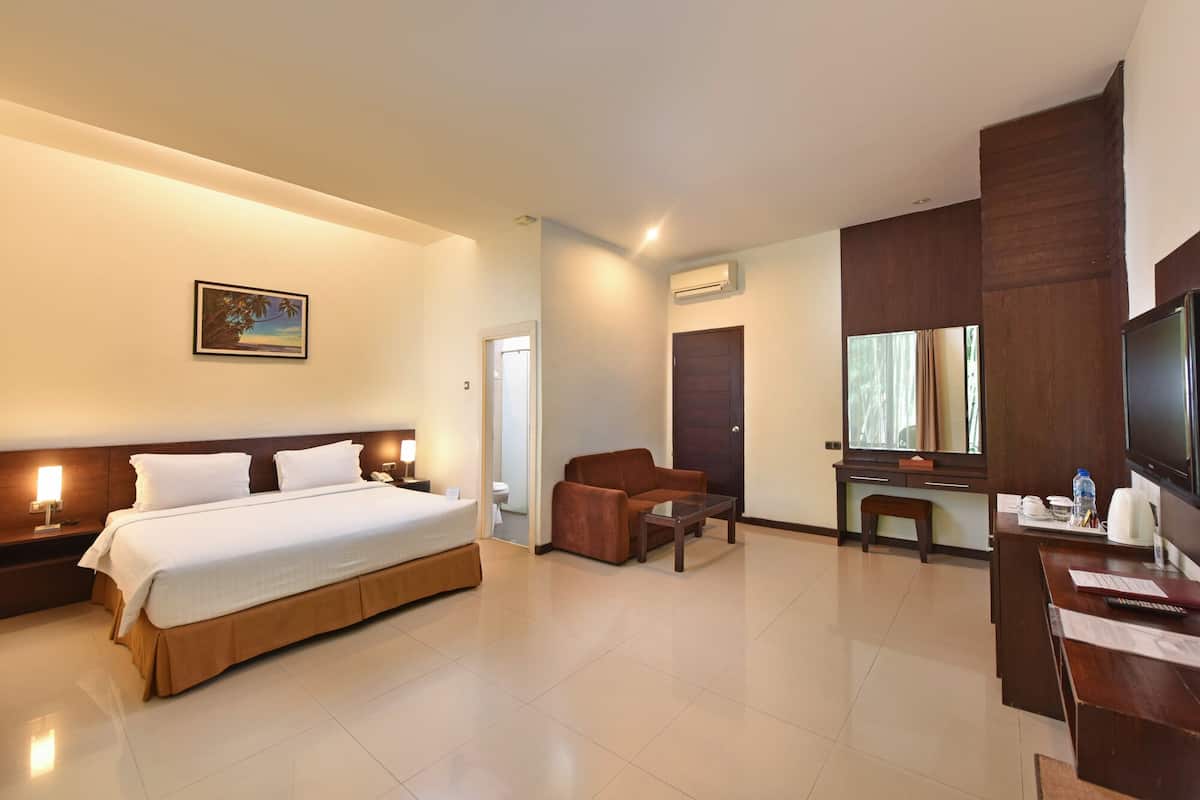 A hotel room with a bed, a desk, a chair, a television, and a bathroom door.