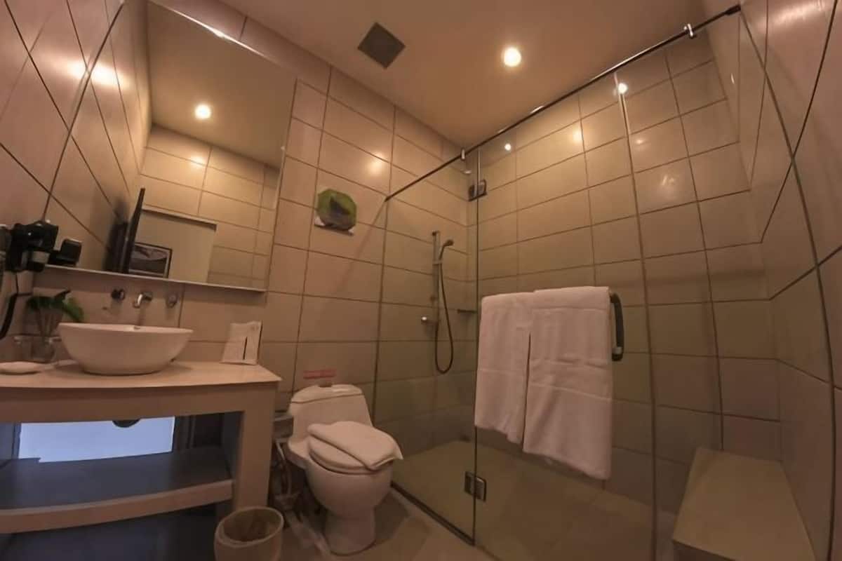 A modern bathroom with a glass-enclosed shower, a white sink, and a toilet.
