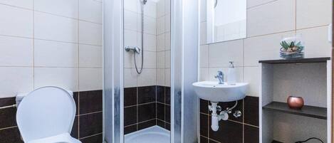 Hair dryer, towels, soap, toilet paper