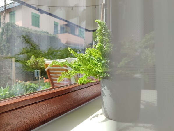 Een raam met een bloempot op een houten plank.