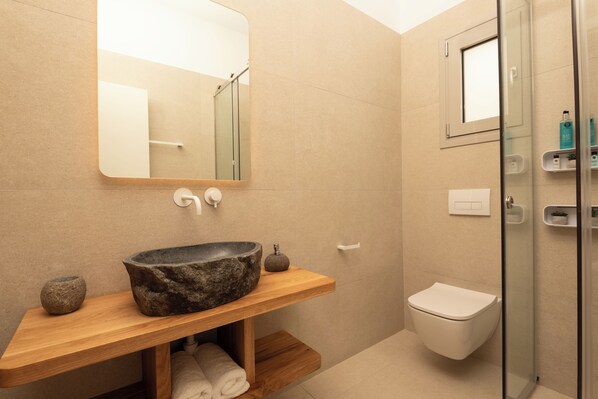 A modern bathroom with a stone sink, wooden vanity, a white toilet, and a glass shower enclosure.