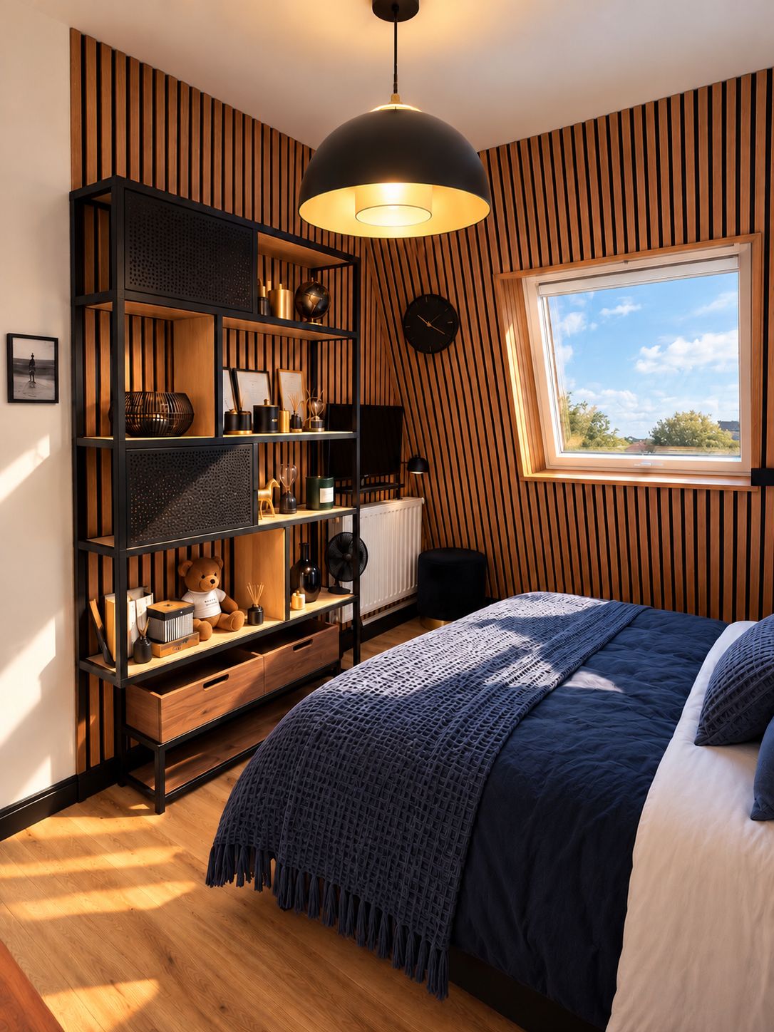 Un dormitorio con cama, una ventana grande, un reloj en la pared y una estantería.