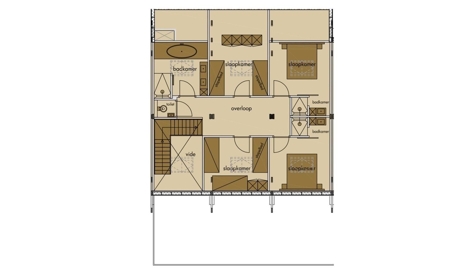 A floor plan of a hotel with multiple ensuite bathrooms, a central ensuite room, and a separate ensuite room.