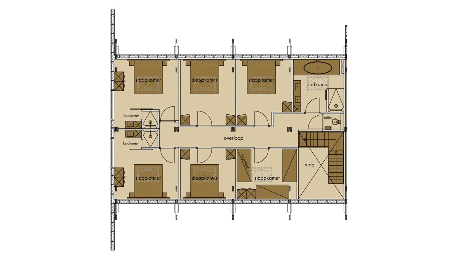 A hotel floor plan with multiple ensuite bathrooms, a central ensuite bathroom, a shower area, and a separate toilet.