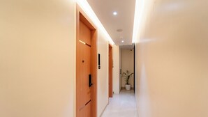A modern hallway with wooden doors and a potted plant. - Playsales Scarlet (Indore)