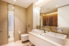 Shower, hair dryer, towels