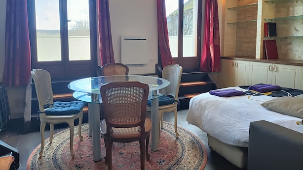 Une pièce avec une table en verre entourée de chaises, un lit avec des oreillers, une bibliothèque et une vue sur une étendue d’eau, visible à travers de grandes fenêtres.