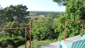 A wooden deck with a metal railing overlooking a lush landscape with trees and fields.