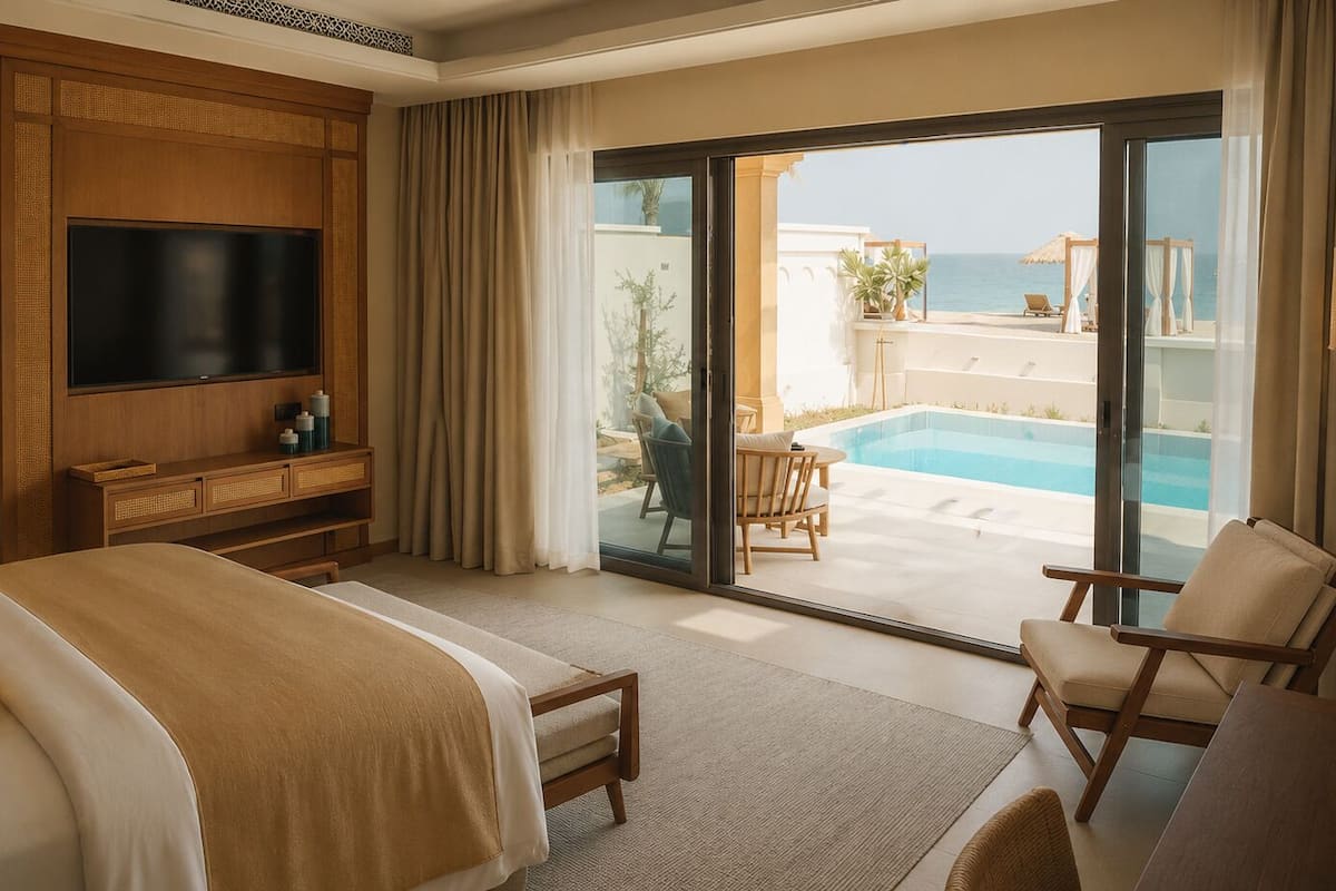 Ein Hotelzimmer mit Bett, Fernseher, Schreibtisch, Stuhl, Pool und Meerblick.