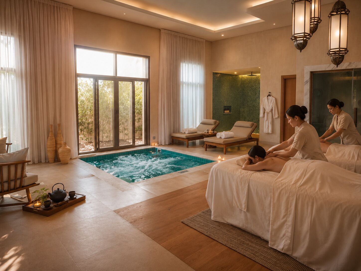Un cuarto de spa con zona de masajes, bañera de hidromasaje y vistas al exterior.