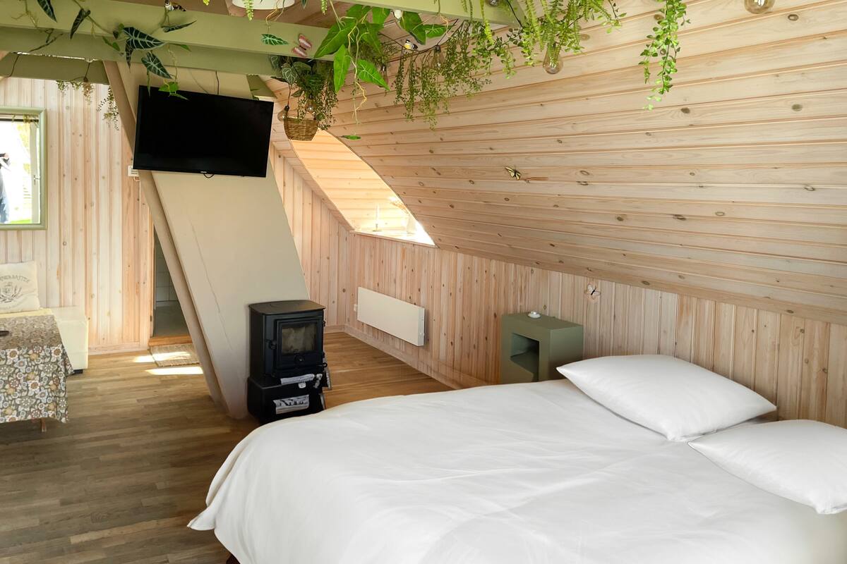 Un dormitorio acogedor con cama, un calentador pequeño, paredes de madera y plantas colgantes.