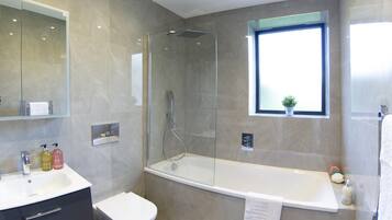 Hair dryer, towels, soap, toilet paper