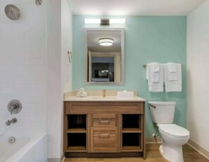 Hair dryer, towels, soap, shampoo
