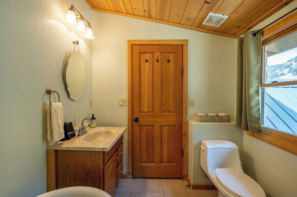 A bathroom with a wooden door, a sink, a toilet, and a window with curtains.