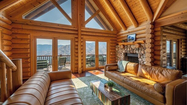 A log cabin interior with a large window, a fireplace, a sofa, and a dining area. - 4 Kings Log Cabin 150 Acres Spectacular Views (Three Rivers)