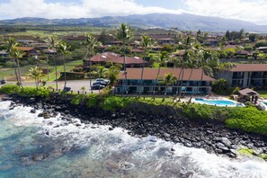 A coastal hotel with a swimming pool, surrounded by palm trees and a rocky shoreline.