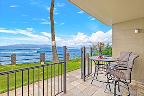A balcony with a view of the ocean, a table with chairs, and a potted plant.