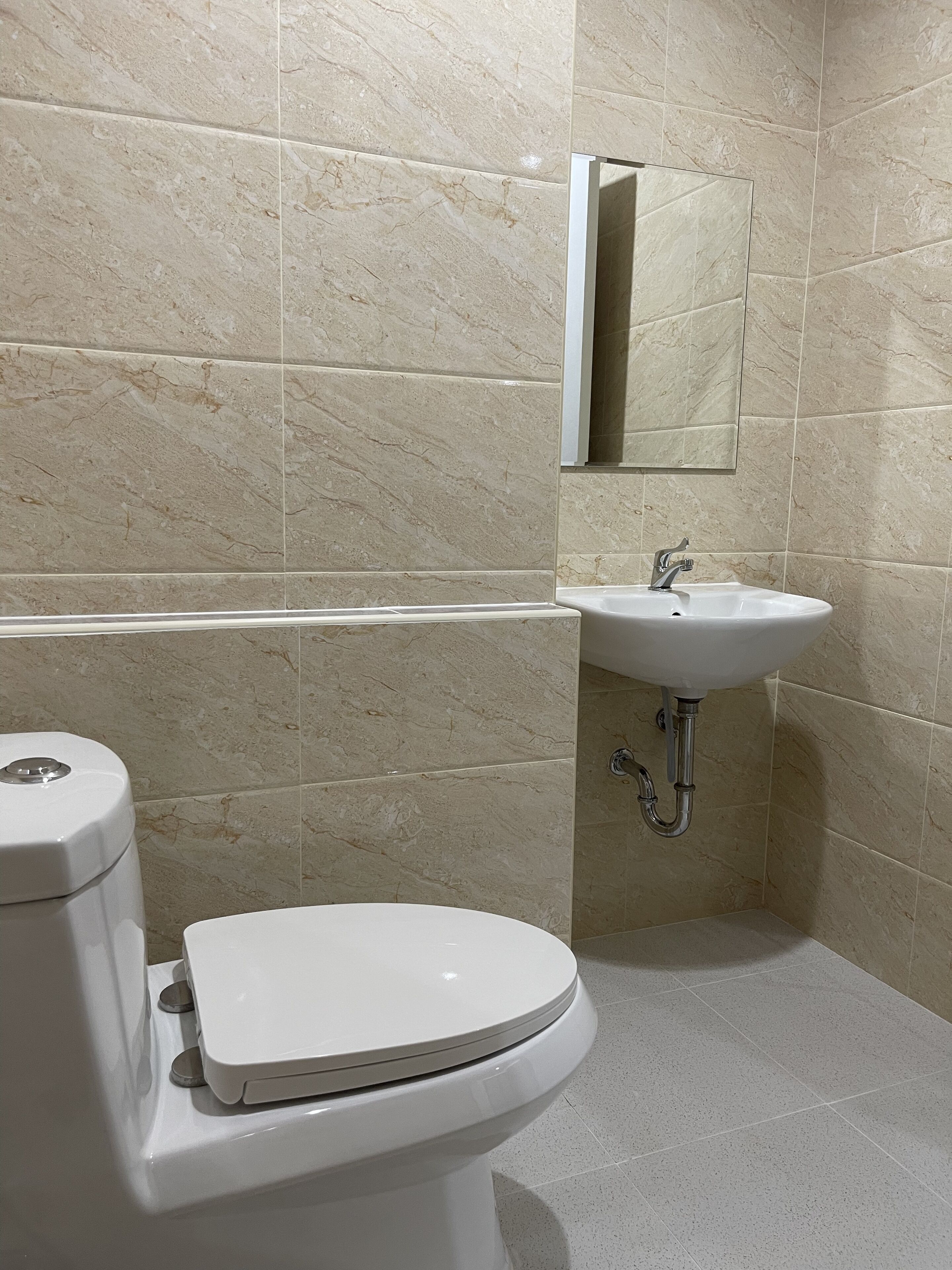 A bathroom with a toilet, sink, and mirror.